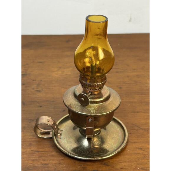 Vintage Miniature Oil Lamp Copper & Amber Glass W/Finger Holds Tilts Decorative - Picture 3 of 9